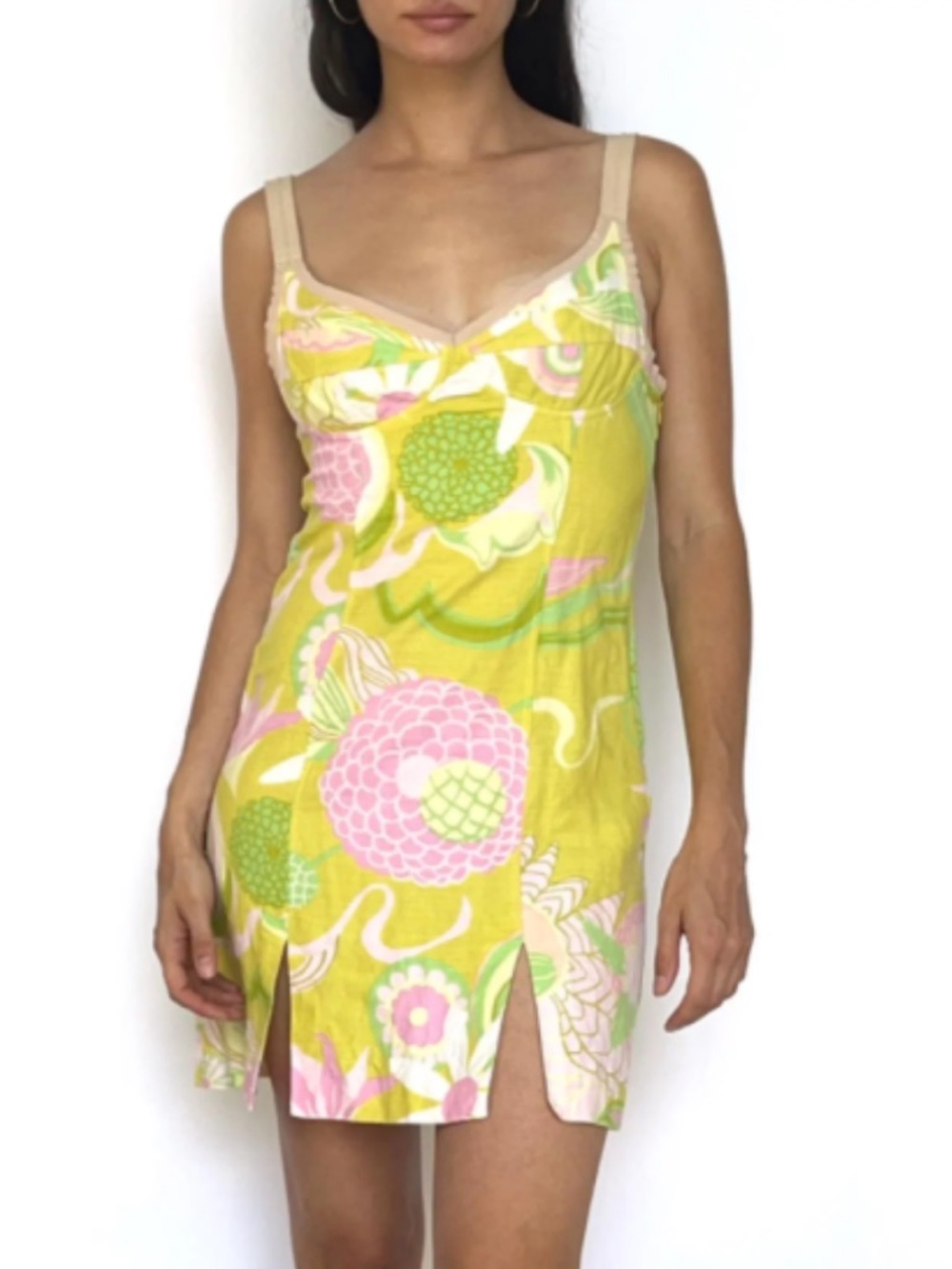 Dolce & Gabbana Yellow Floral Slip Dress with Pink & Green Vintage with flaws